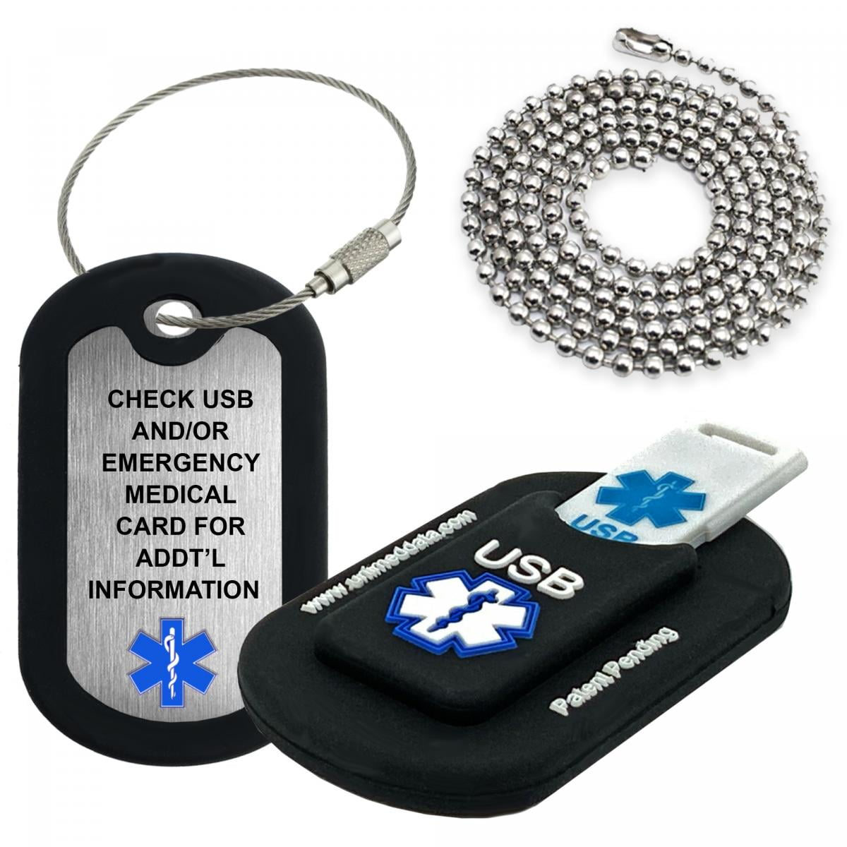 Black Informer Lite Medical Alert Dog Tag / Keychain. Includes: 2GB USB, Pre-engraved Stainless-steel Dog Tag, 27" Chain and Key Ring Wire Rope. Complimentary Access PHR (Personal Health Record)