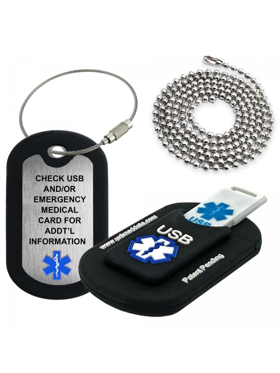 Black Informer Lite Medical Alert Dog Tag / Keychain. Includes: 2GB USB, Pre-engraved Stainless-steel Dog Tag, 27" Chain and Key Ring Wire Rope. Complimentary Access PHR (Personal Health Record)