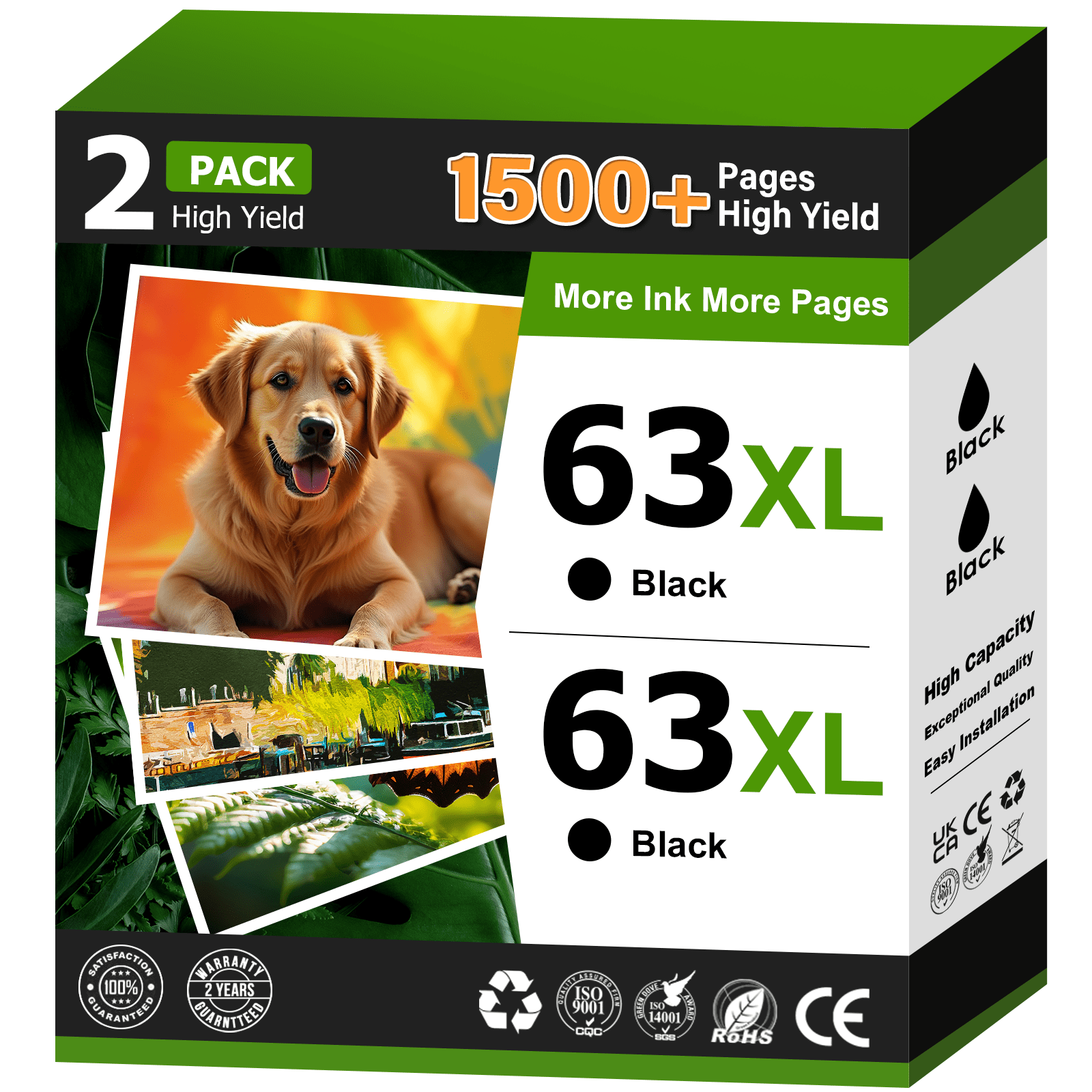 63XL Black Ink Cartridge Compatible for HP 63 Black Ink for HP Ink 63 63XL (2 Pack)