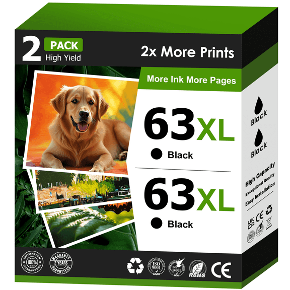 63XL Black Ink Cartridge Compatible for HP 63 Black Ink for HP Ink 63 63XL (2 Pack)