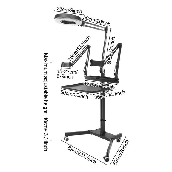 Black Ink Art Cart with LED Light,Rolling Workstation for Salon 25.02 lbs
