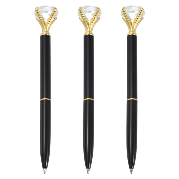 Black Ink Ballpoint Pen, 3pcs Crystal Diamond Twist Metal Pen 1.0mm Medium Point for Note Taking Journaling Gift Office, Black with Gold