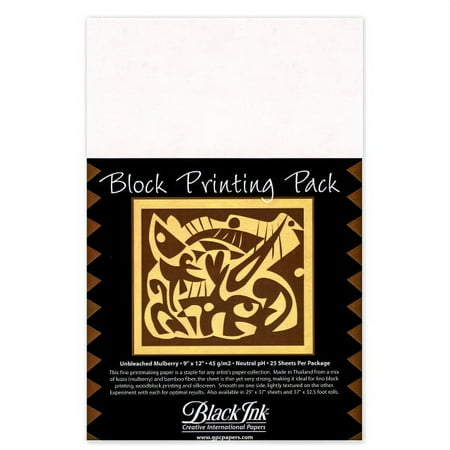 Black Ink Block Printing Pack - 9" x 12", Unbleached Mulberry, 25 Sheets