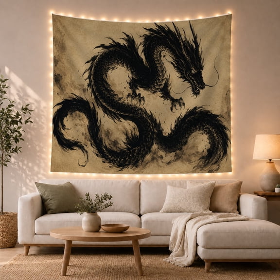 Black Ink Dragon Coiled Against Aged Parchment, Dramatic Fantasy for Dragon Lovers, Eastern Wall Art, Housewarming Gift, Tapestry Wall Hanging for Bedroom, Living Room and Studio