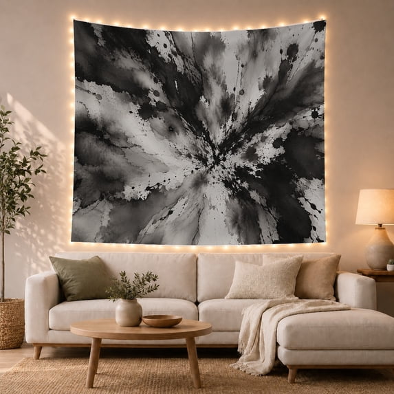 Black Ink Explosion on Light Gray Background, Dramatic Abstract for Modern Art Lovers, Neutral Splatter Decor, Housewarming Gift, Tapestry Wall Hanging for Living Room and Bedroom