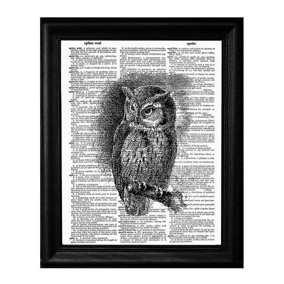 Black Ink Owl - Dictionary Art Print Printed On Authentic Vintage Dictionary Book Page - 8 x 10.5