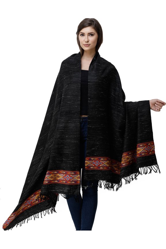 Black-Ink Yak Wool Stole from Kullu with Kinnauri Woven Border in Multicolor Thread