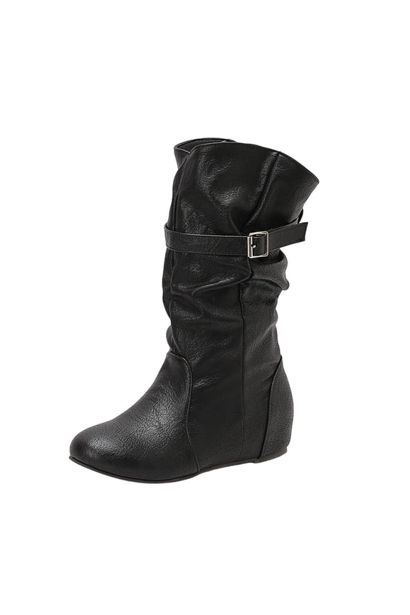 Black Inner Height Increase Boots For Women With Belt Buckle And Round Toe Mid Calf Design For A Fashionable Winter Look