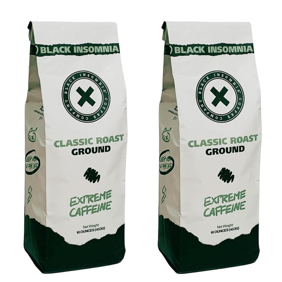 Black Insomnia Classic Roast Ground Coffee - The Strongest Coffee in the World - 1lb (2 Bags)