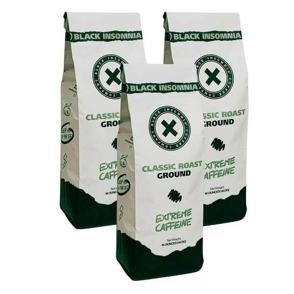 Black Insomnia Extreme Caffeine Coffee - World's Strongest Highly Caffeinated Coffee - Classic Roast Ground - 1lb (Pack of 3)