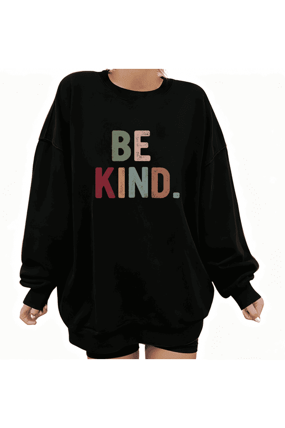 Vintage Kindness Tops - Be Kind Color Block Design Print Sweatshirt Oversized Crewneck with Distressed Texture Pattern, Retro Inspirational Pullover