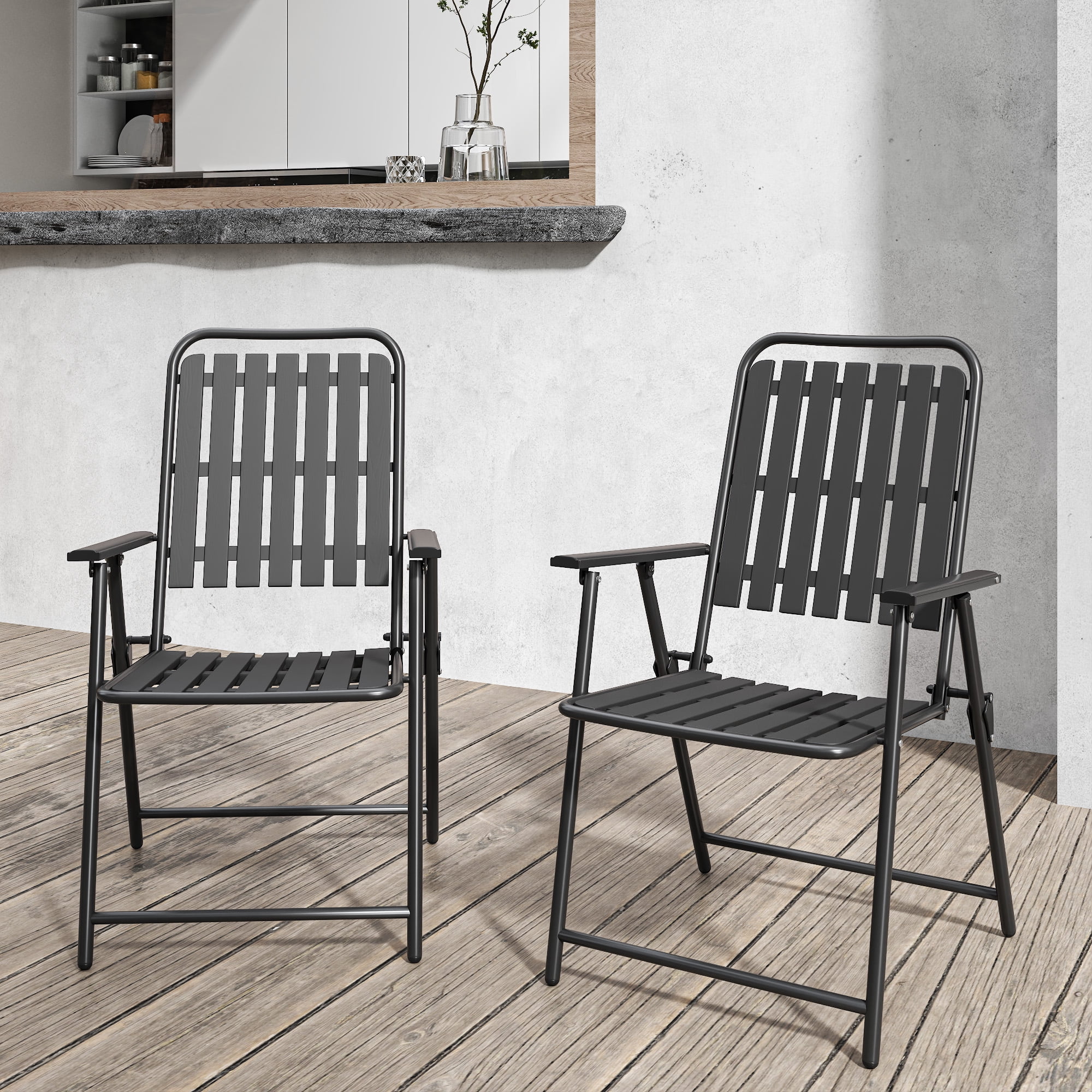 Black- [Instant Setup] 2-Piece Folding Chair, No Assembly Required, 350lb Capacity, Rust-Resistant & Stain-Proof for Balcony/Garde