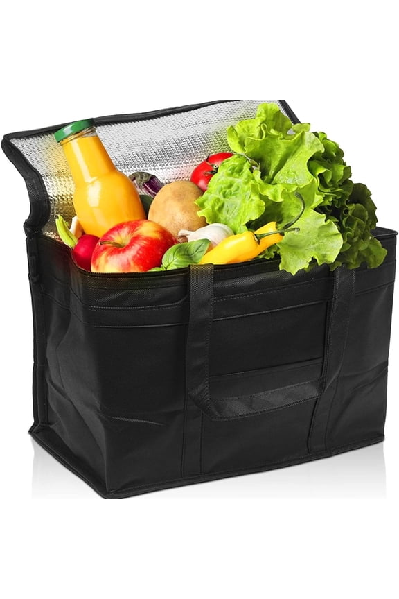 Black Insulated Food Delivery Bag, 11 x 8 x 9 Inches. Pack of 2 Insulated Grocery Bags with Zippered Top. Foldable Catering Bag for Food Deliveries. Heavy Duty Cold Bags for Groceries