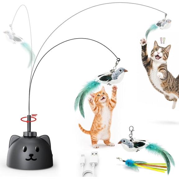 Black Interactive Cat Toy for Indoor Cats, Automatic Flying Bird Feather Toy, USB Rechargeable Electric Cat Wand with Strong Suction Base, Motion Activated Self-Play Enrichment Toy for Bored Cats