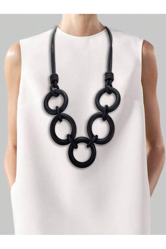 Black Interlocking Ring Statement Necklace For Women