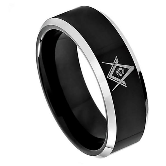 Black Ion Plated Cobalt Masonic Compass and Square Beveled Edge Ring Size 8