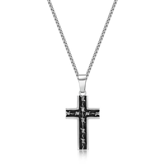Black Ion Plated Stainless Steel Barbed Wire Cross Pendant - 24 Inch Round Box Chain