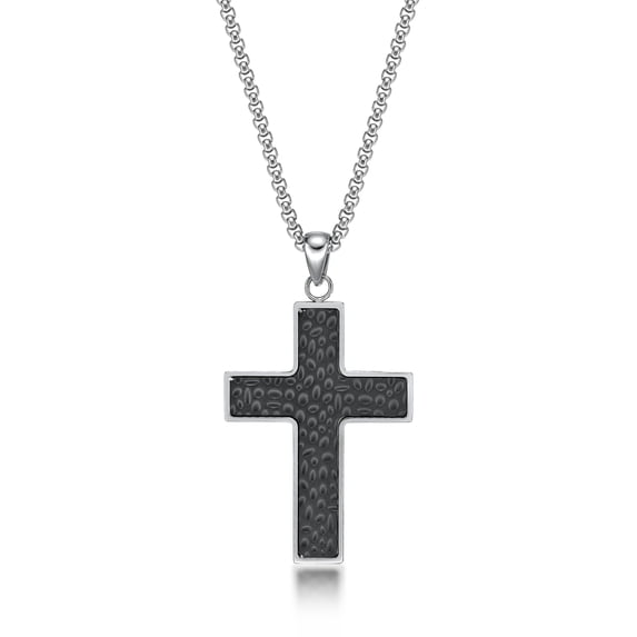 Black Ion Plated Stainless Steel Hammered Cross Pendant - 24 Inch Round Box Chain