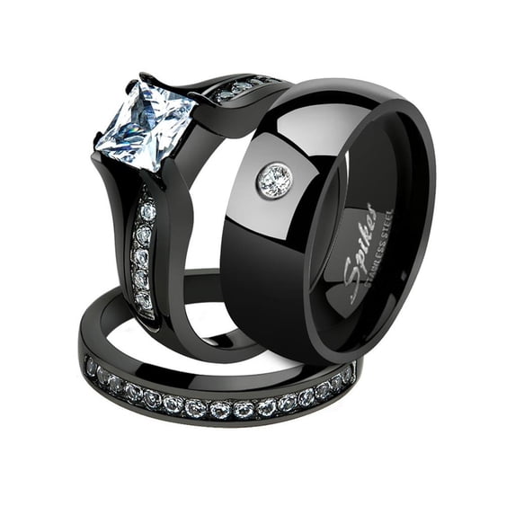 Black Ion Plated Stainless Steel His and Hers 3pc Wedding Engagement Ring Band Set Women's Size 06 Men's 08mm Size 13