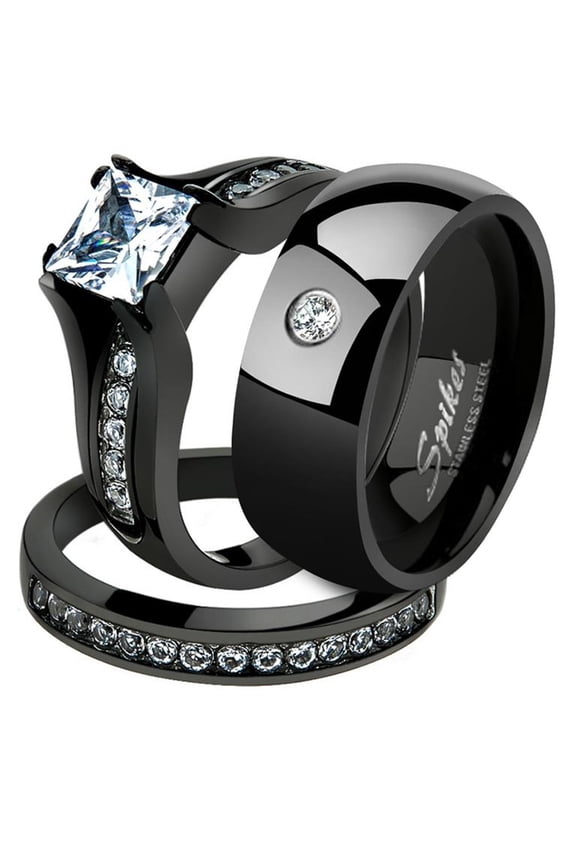 Black Ion Plated Stainless Steel His and Hers 3pc Wedding Engagement Ring Band Set Women's Size 06 Men's 08mm Size 14