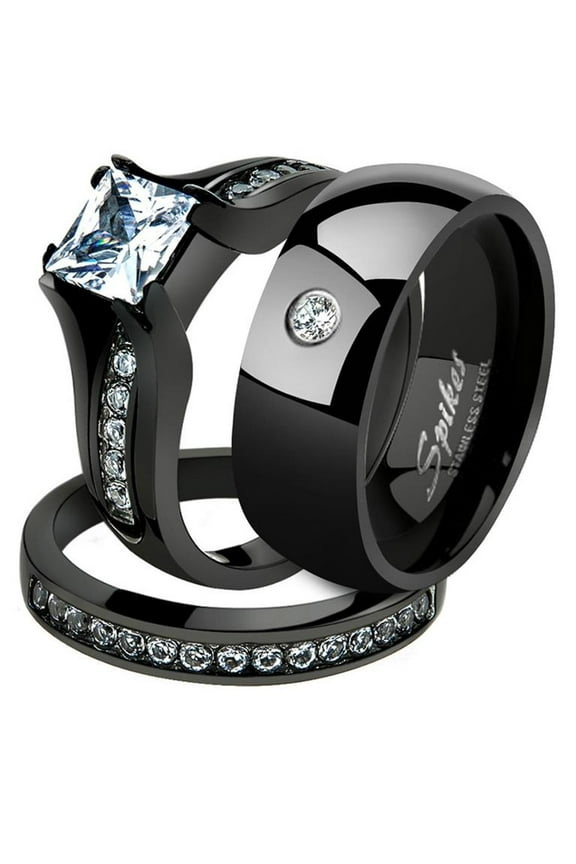 Black Ion Plated Stainless Steel His and Hers 3pc Wedding Engagement Ring Band Set Women's Size 10 Men's 06mm Size 13