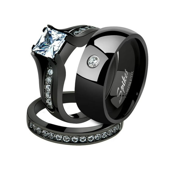 Black Ion Plated Stainless Steel His and Hers 3pc Wedding Engagement Ring Band Set Women's Size 10 Men's 08mm Size 12