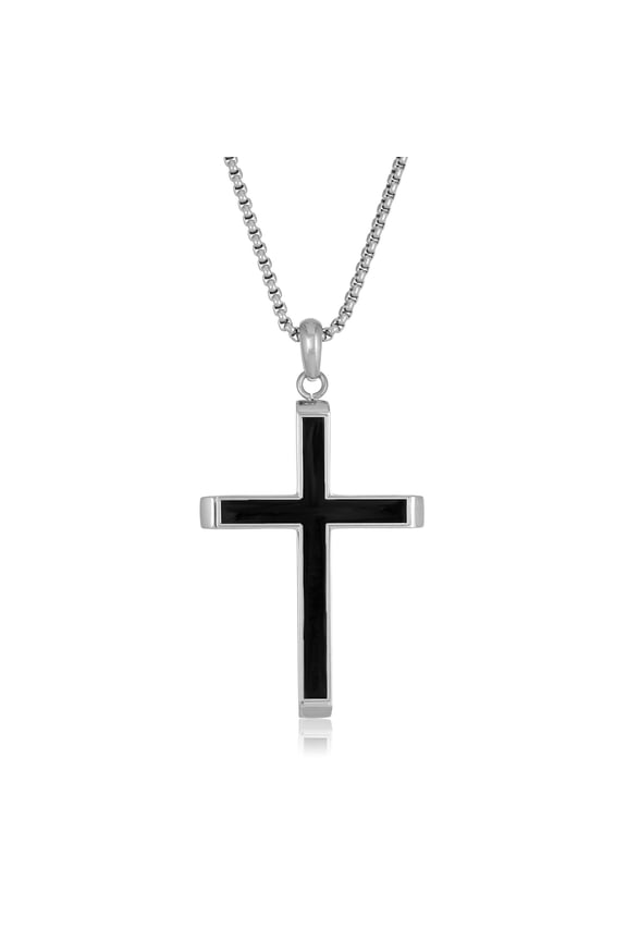Black Ion Plated Stainless Steel Modest Cross Pendant - 24 Inch Round Box Chain