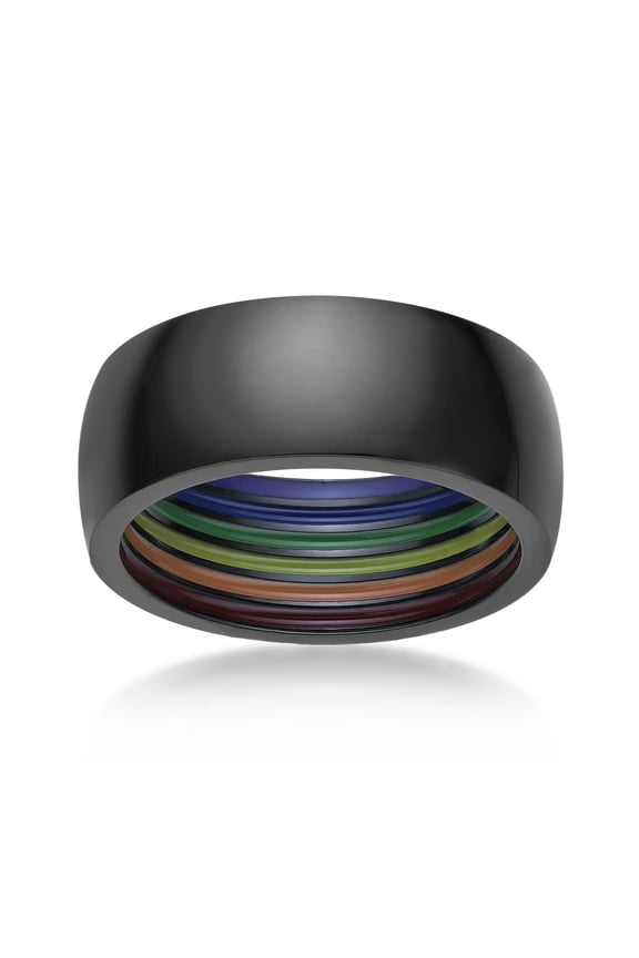 Black Ion Plated Stainless Steel Pride Ring With Inner Rainbow Jewelry - Size 10
