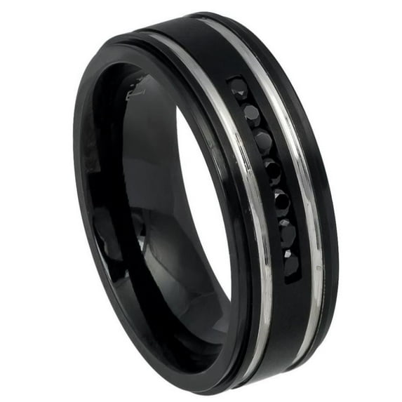 Black Ion Plated Titanium Black CZ Double Grooved Design Ring Size 12