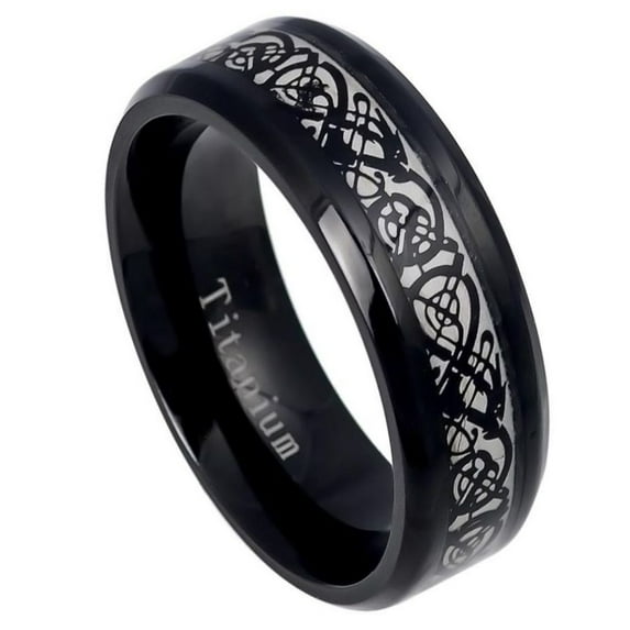 Black Ion Plated Titanium Celtic Dragon Design Ring Size 10.5