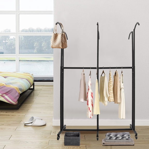 Black Iron 158x116x50cm Six-Arm Elbow Clothes Hanger With Roller Clothing Display Rack With Adjustable Height