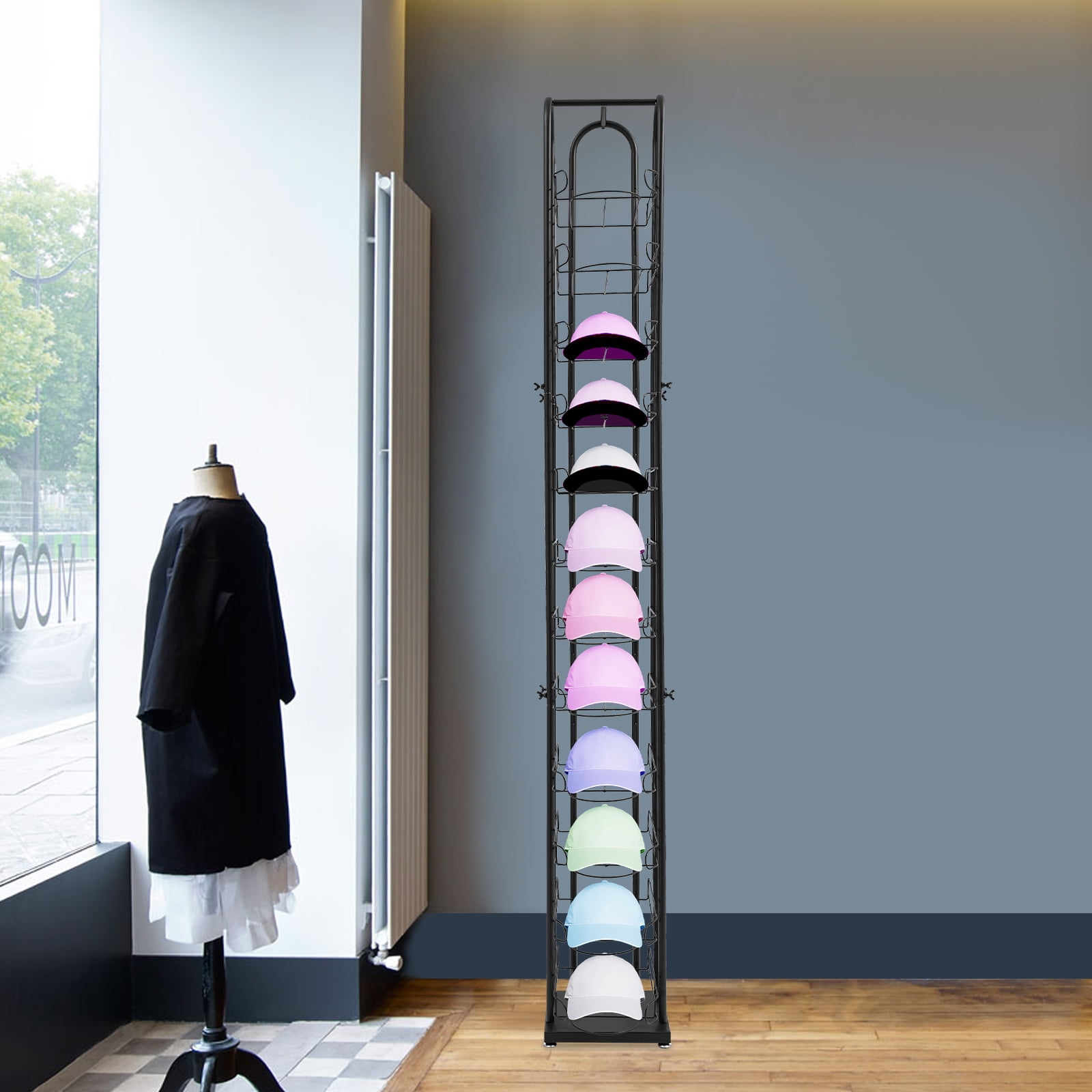 Hat Rack Fixture Black Iron 25.5*25.5*198cm 12-Story Hat Display Rack With Four ...