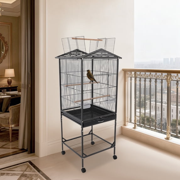 Black Iron 46*46*125cm Metal Birdcage Wheeled Storage Pet Cage Household Open Birdhouse