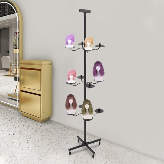 Black Iron 50x50x178cm 12 Wig Head Mould Display Stand 360 Rotation Height-Adjustable Display Stand With Wheels