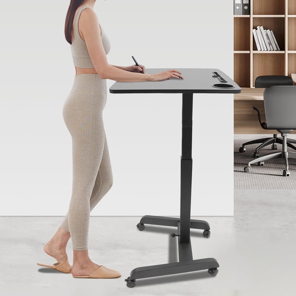 Black Iron 52x60x112cm Standing Pedal Lifting Table with Adjustable Angle Desktop and Universal Wheel Mobile Podium Table