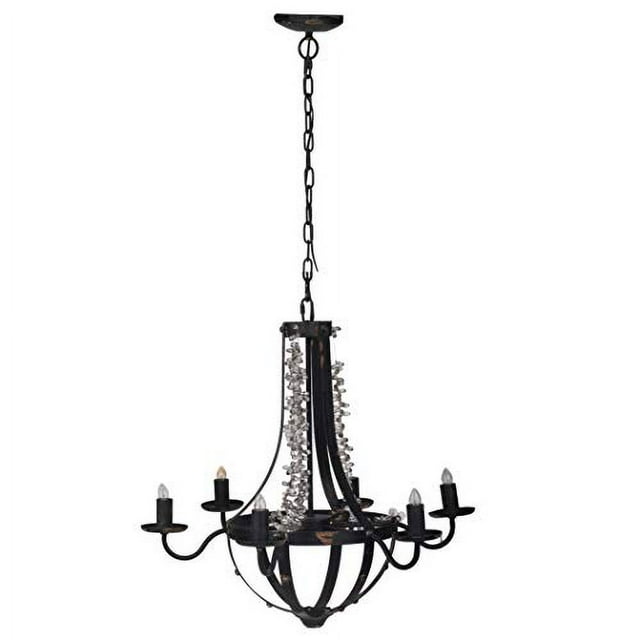 Black Iron 6 Light Chandelier 25 Inches Wide x 22 Inches High With Faceted Jeweled Accents