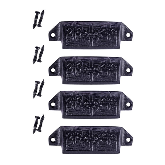 Black Iron Cabinet Drawer Bin Cup Pulls 4" W x 1.5" H Le' Saint Ornate Rustic Iron Kitchen or Dresser Pull Handles Knobs Powder Coat Finish w/Screws Renovators Supply Pack of 4