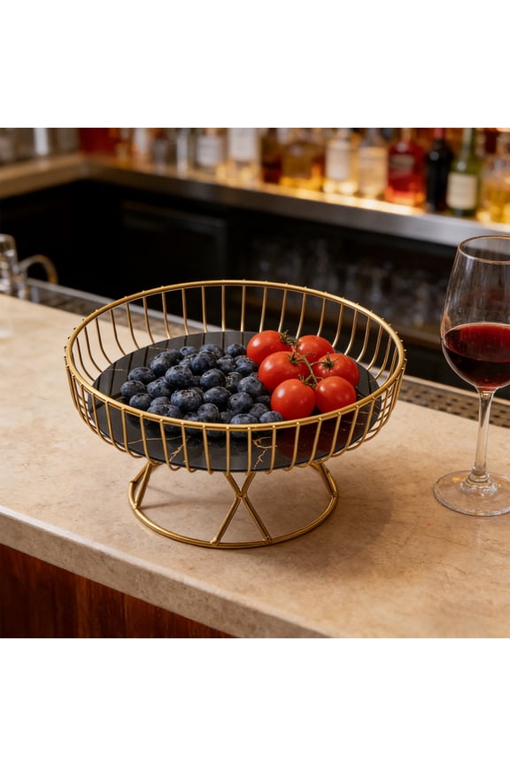 Black Iron Fruit & Snack Display Stand with Marble-Look Base, 10.6" Modern Serving Tray for Coffee Table or Countertop, Home Decor, Table Centerpieces(L)