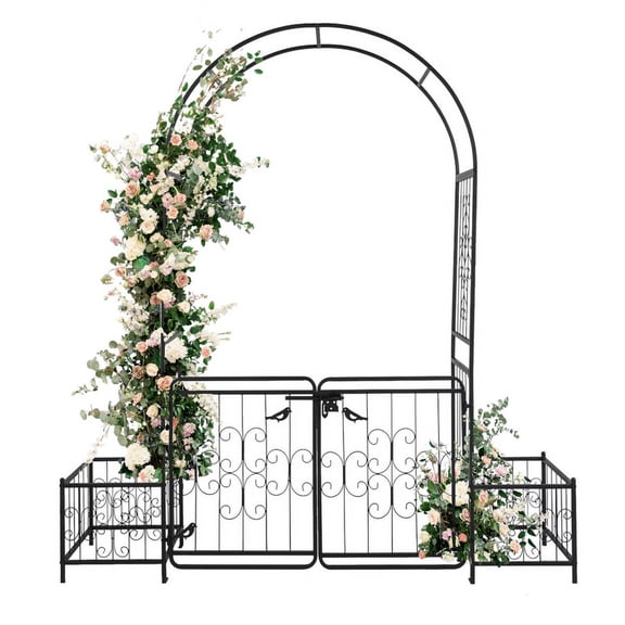 Black Iron Garden Arch with Door & Planting Frame, Heavy Duty Courtyard Arbor for Climbing Plants, Rustproof Powder Coated Trellis for Roses, Vines, Vegetables