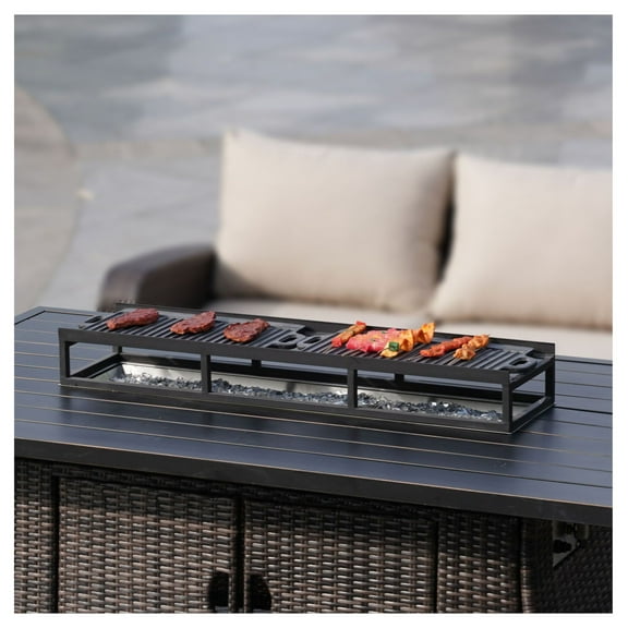 Black Iron Grill Stand with Cast Iron Griddle Pans - Outdoor Cooking Rack - Rust Resistant - Camping & BBQ - Steel Shelf - 39.4"L