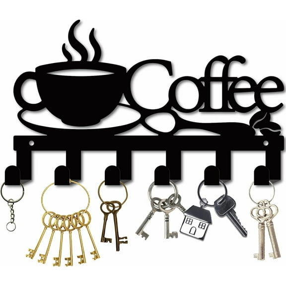 Black Iron Key Wall Mounted Key Hooks with 6Hooks Metal Coffee Sign Hanging Key Display Organizer Rack Wall Decor Hanger for Entryway Hallway diy