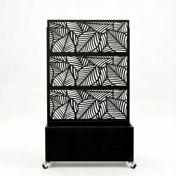 Black Iron Leaf Cutout Privacy Screen with Planter Box, 70.87"H 46.06"W Freestanding Metal Trellis Fence, 46.0615.7516.92 Inch Outdoor Decor Partition with Planting Box for Patio Backyard