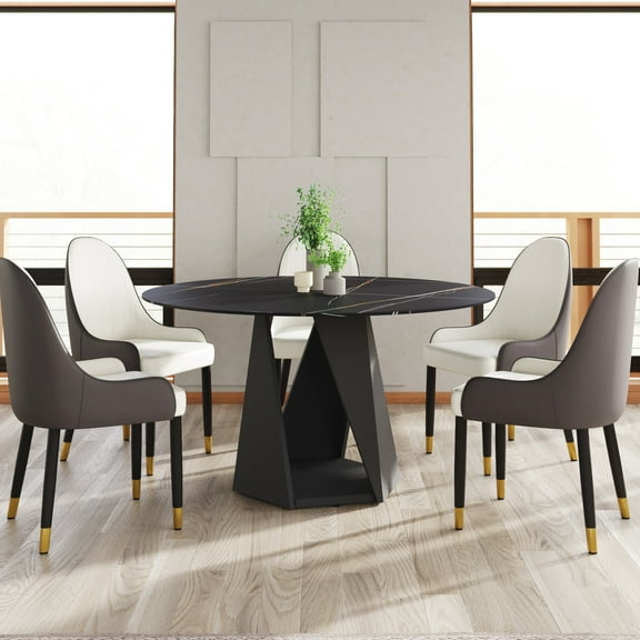 Black Iron Metal Base 53" Round Dining Table, Sintered Stone Surface For 6 6 & Tough Frame