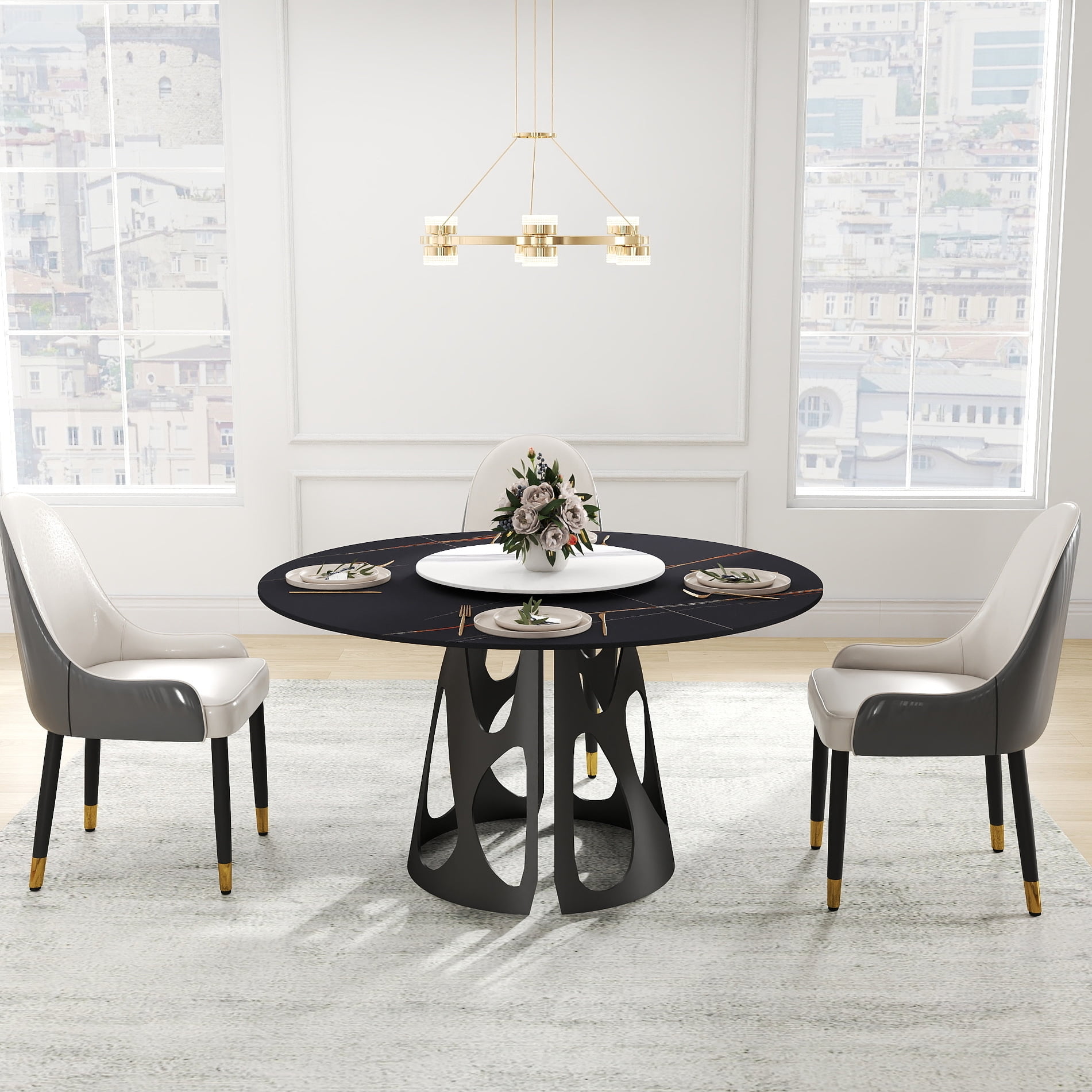 Black Iron Metal Base 53" Round Dining Table With Sintered Stone Top, 6 ...