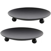 Black Iron Plate Candle Holder, Decorative Iron Pillar Candle Plate, Set of 2, 4.37 inches D x 0.78 inches H, Pedestal Candle Stand for LED & Wax Candles, Incense Cones, Spa, Weddings (2 pcs)