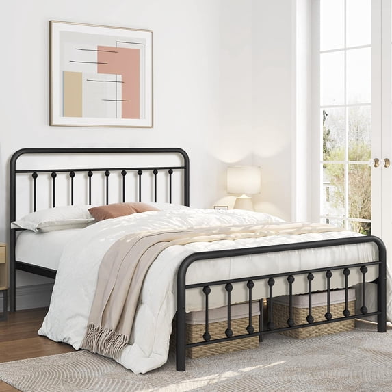 Black Iron Platform Bed Frame Queen Size with Vintage Headboard and Footboard, Metal Queen Bed Frame Mattress Foundation with 600LBS Load Capacity, No Box Spring Required, Space Saving Design