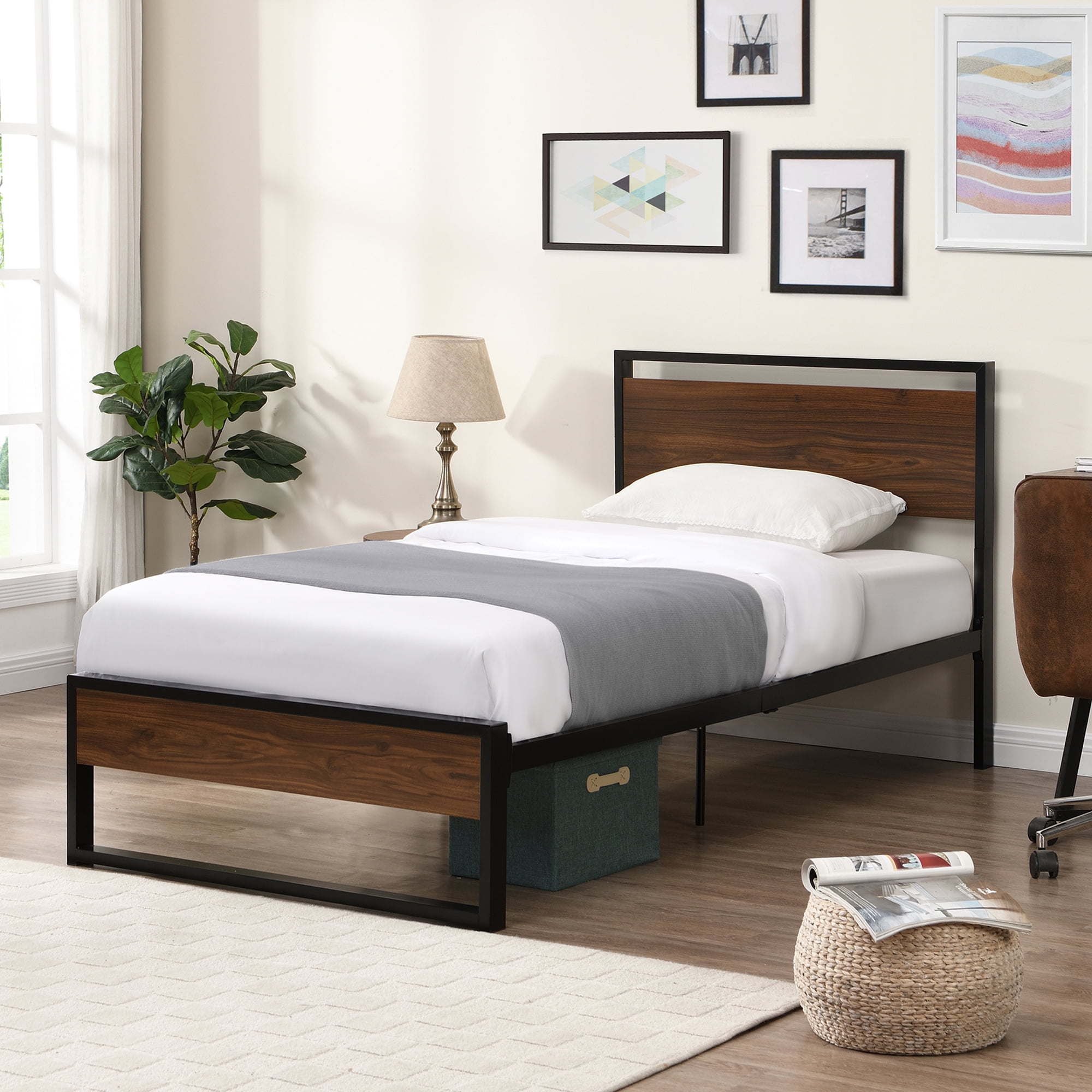 Black Iron Platform Bed Frame Twin Size with Vintage Headboard and