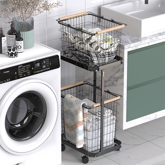Black Iron Standing Laundry Hampers of 2 Tiers with 2x Removable Baskets 4x Wheels (2 with Brakes) to Load 40kg Black Standing Store Hamper Cart for Laundry Room Bedroom Living Room 15.75*11.42*37in