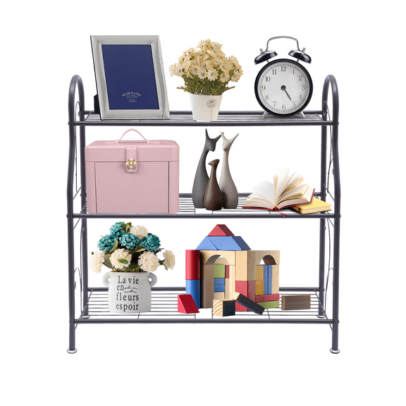 Black Iron Three-Tier Flower Display Stand, Sturdy, Adjustable, and Easy to Move with Curved Handles, Perfect for Organizing Indoor Greenery