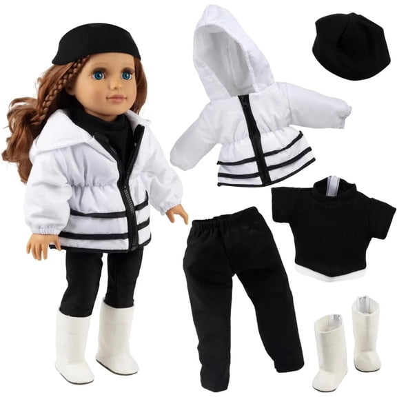 6pc Winter Doll Outfit for 18" Dolls - Compatible with American Girl- Clothes & Accessories Set Includes Puffer Coat Jacket, Hat, Boots, Shirt, & Leggings- Durable Skiing Outfit Gift for Girls